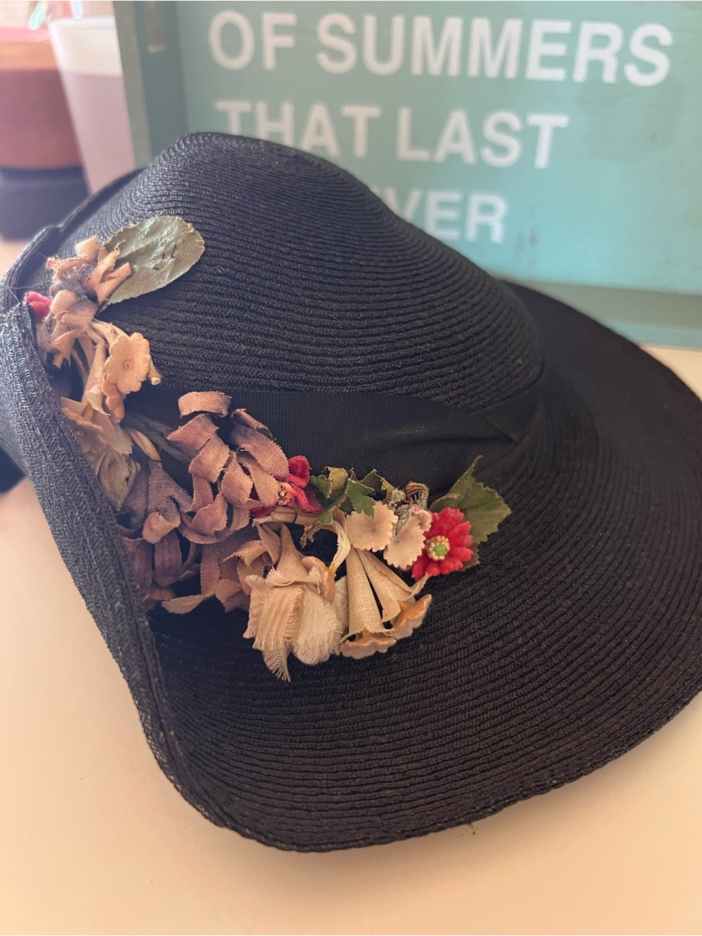 Vintage Black Straw Wide-Brim Hat with Floral Trim “picture hat” 1940’s/1950’s